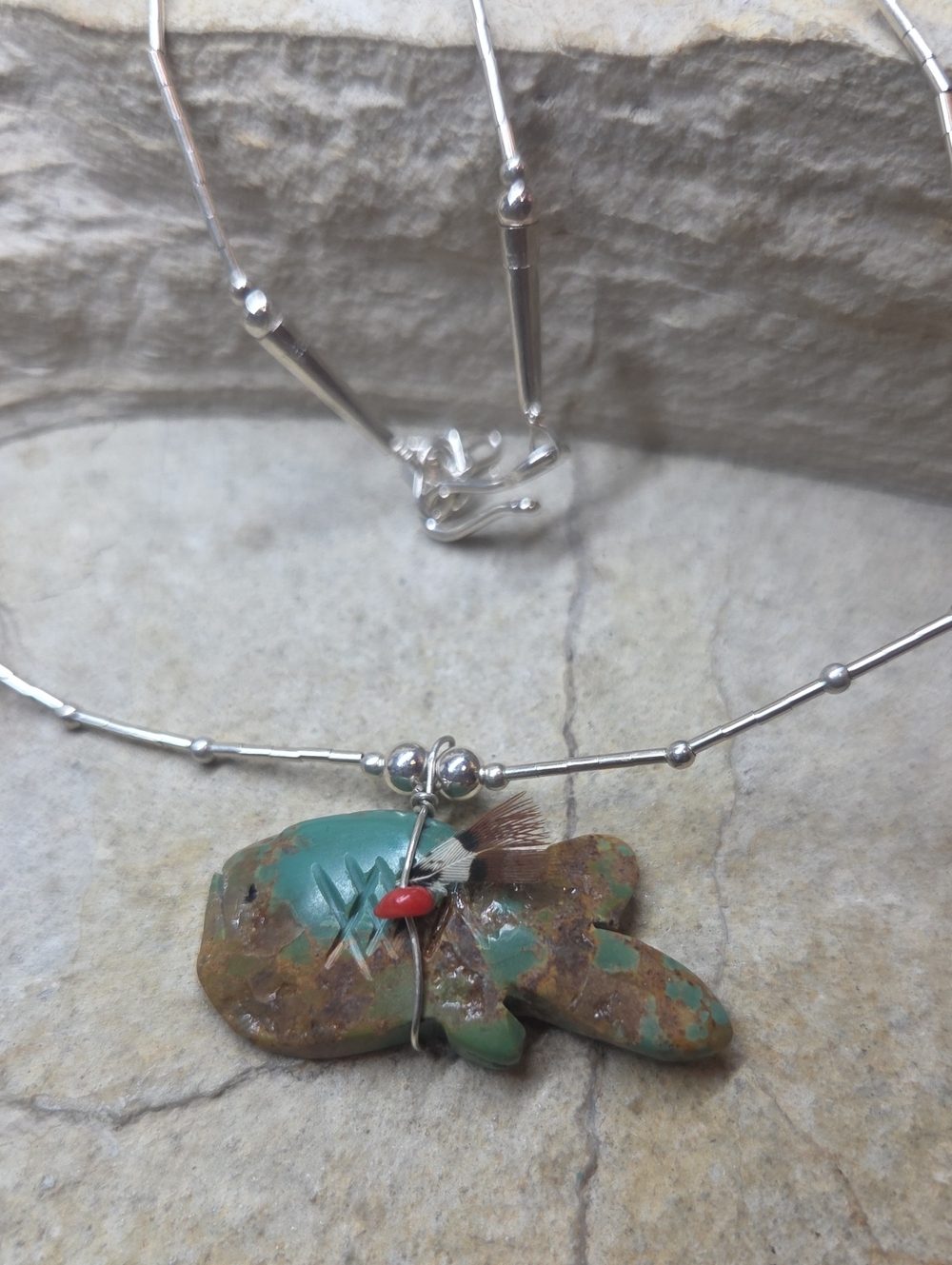 925 Syerling Silver Carved Turquoise Fish Pendant Necklace